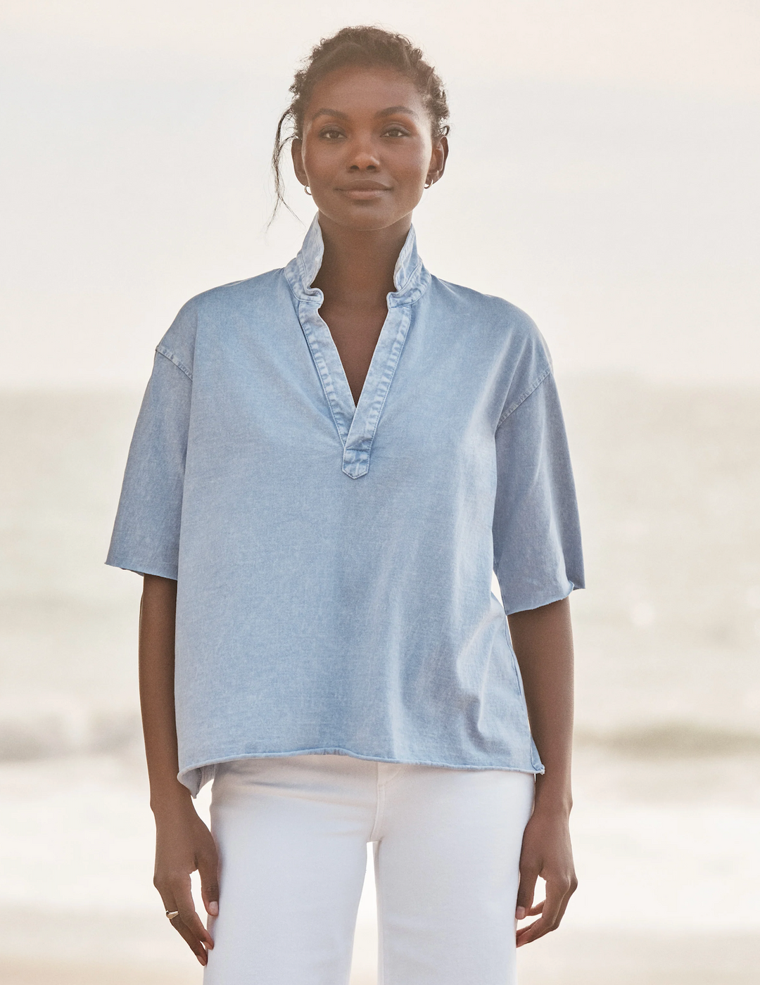 Patty Short-Sleeve Popover Henley in Pool Water Blue – nk boutique
