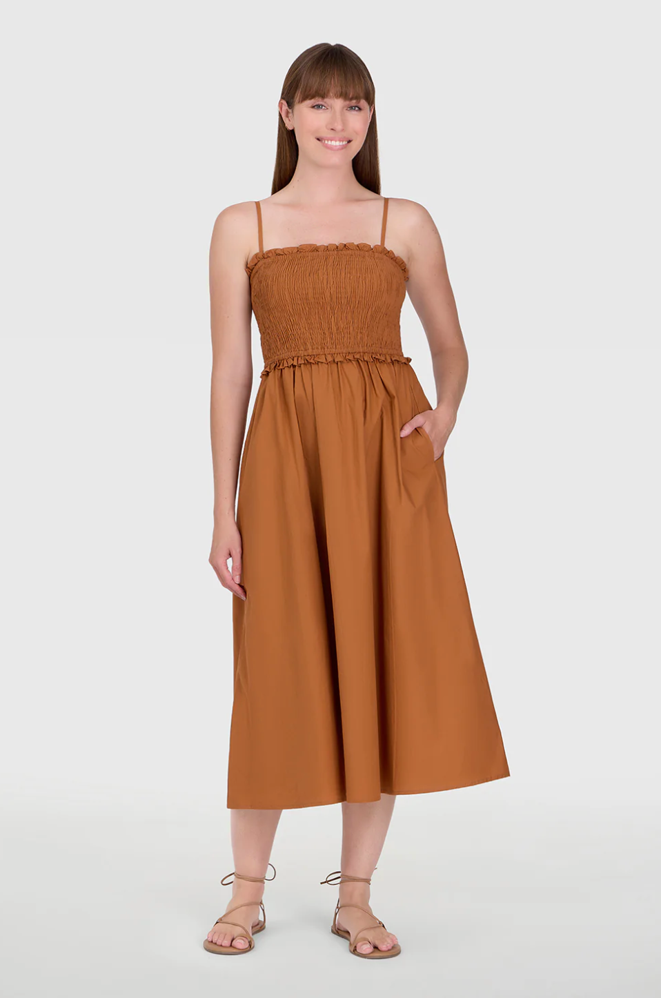 brown smocked dress in Birthday Dinner Outfits | rayon blend that drapes Color:S 2021week20