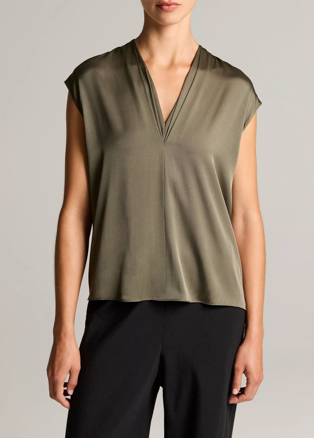 Silk-Blend Double V-Neck Top in Pine Grove – nk boutique baton rouge