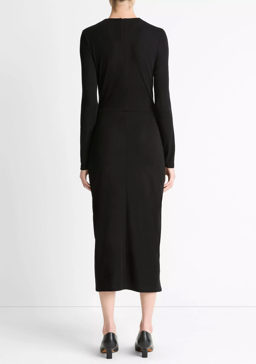 cinched waist long sleeve dress Cinched-Waist Wool-Blend Long-Sleeve Dress in Black