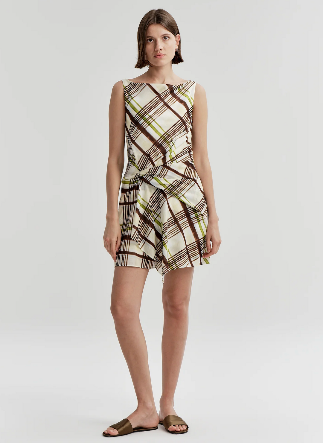 ivory plaid sheath dress Tory Burch Women's Ivory Plaid Tweed Chevron Sleeveless Linen Wool Dress sz  XXS