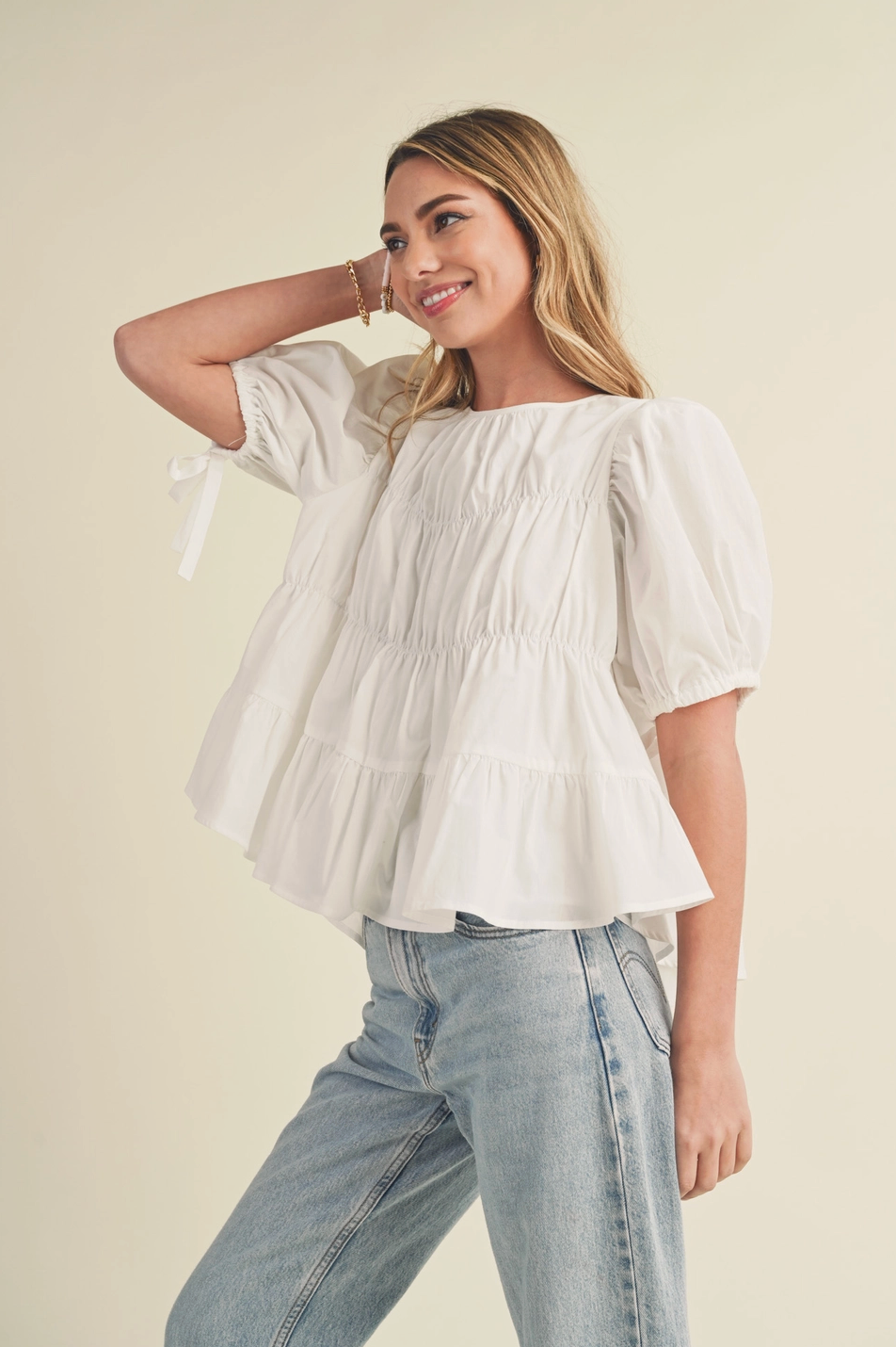 Tiered Shirring Puff Sleeve Top in Off White – nk boutique baton rouge